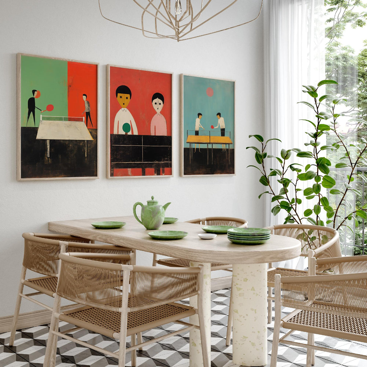 Table Tennis Players Set of Three Art Prints - Minimalist Ping Pong Paintings - Mid Century Poster Illustration