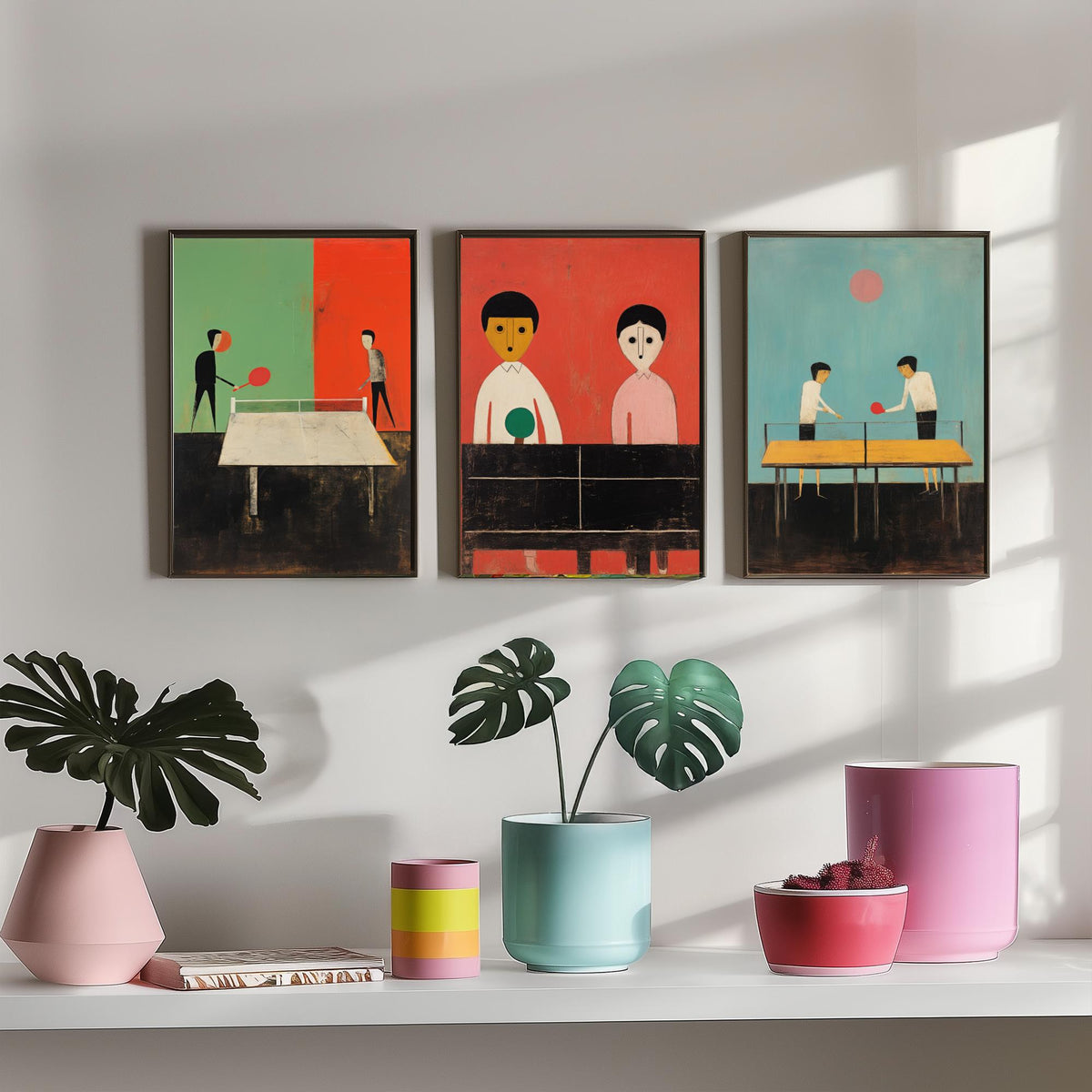 Table Tennis Players Set of Three Art Prints - Minimalist Ping Pong Paintings - Mid Century Poster Illustration