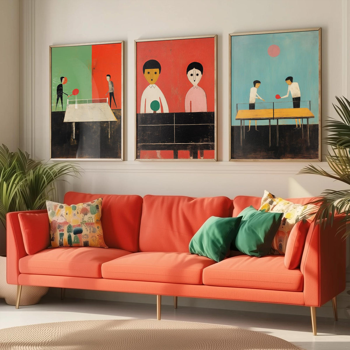 Table Tennis Players Set of Three Art Prints - Minimalist Ping Pong Paintings - Mid Century Poster Illustration