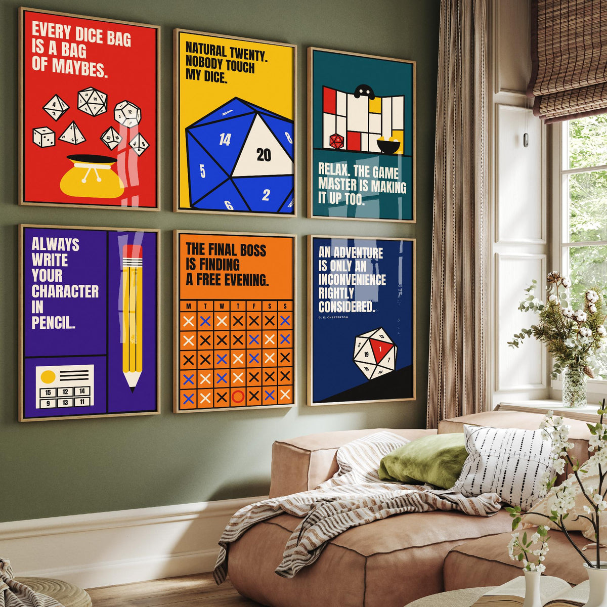 Set of Six Tabletop RPG Quote Art Prints - 6 Bauhaus Dice Roleplaying Posters - Minimalist Game Room Illustration - Polyhedral Dice, D20