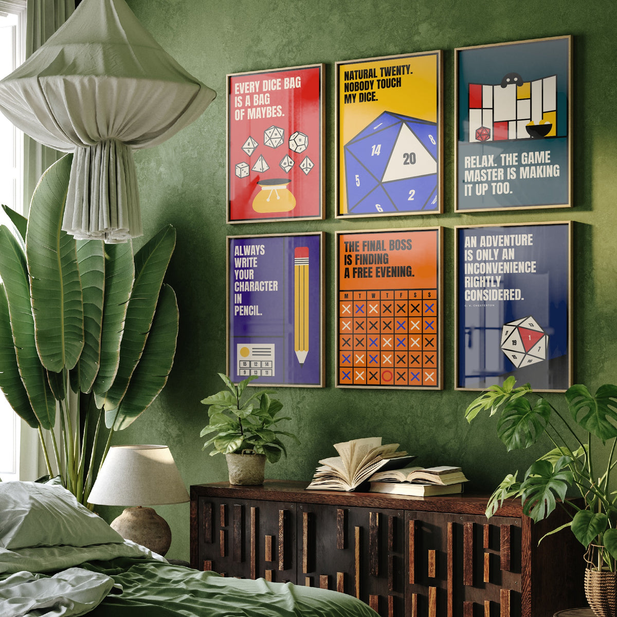 Set of Six Tabletop RPG Quote Art Prints - 6 Bauhaus Dice Roleplaying Posters - Minimalist Game Room Illustration - Polyhedral Dice, D20