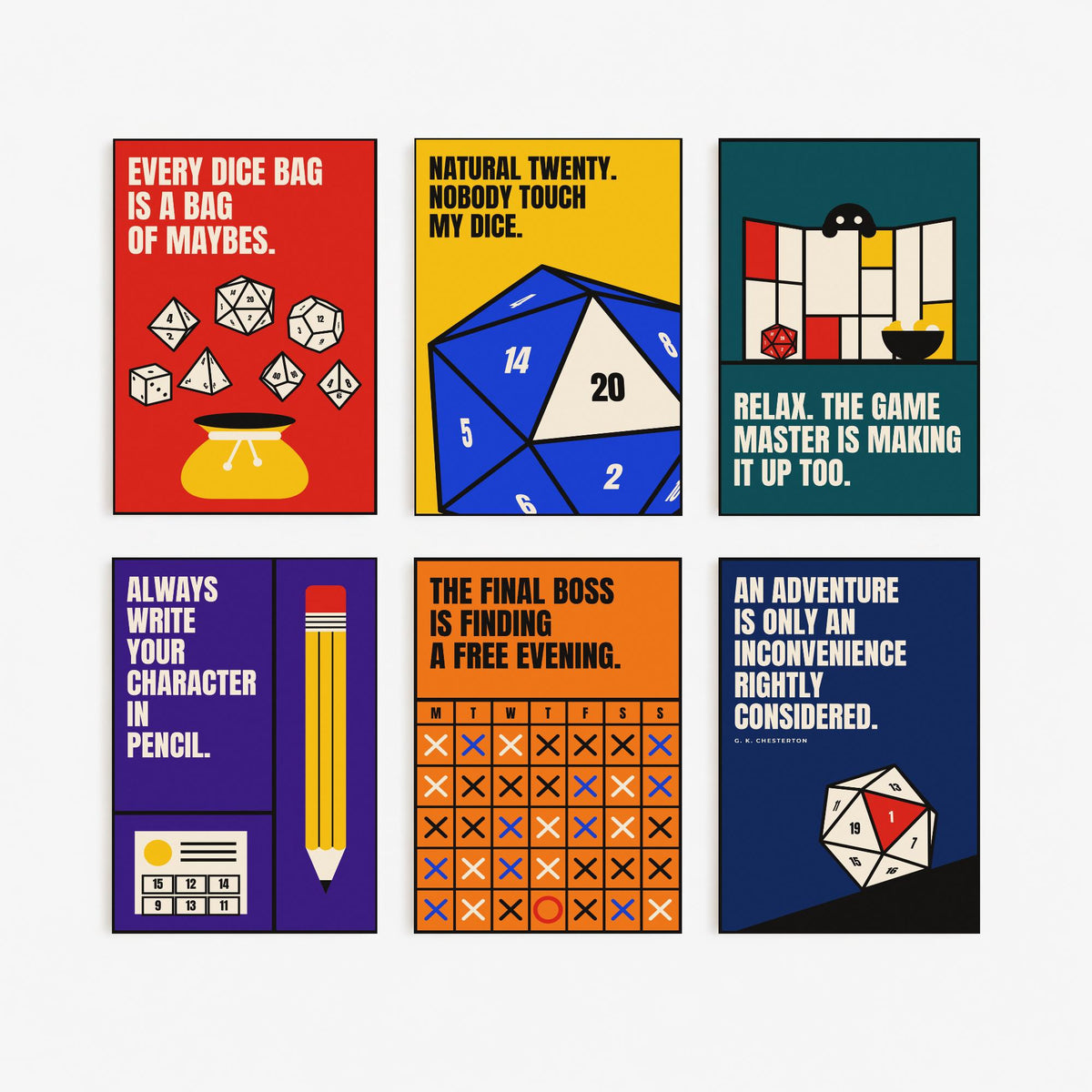 Set of Six Tabletop RPG Quote Art Prints - 6 Bauhaus Dice Roleplaying Posters - Minimalist Game Room Illustration - Polyhedral Dice, D20