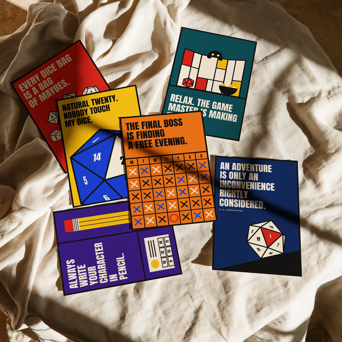 Set of Six Tabletop RPG Quote Art Prints - 6 Bauhaus Dice Roleplaying Posters - Minimalist Game Room Illustration - Polyhedral Dice, D20