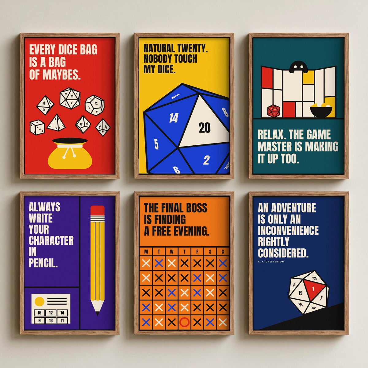 Set of Six Tabletop RPG Quote Art Prints - 6 Bauhaus Dice Roleplaying Posters - Minimalist Game Room Illustration - Polyhedral Dice, D20