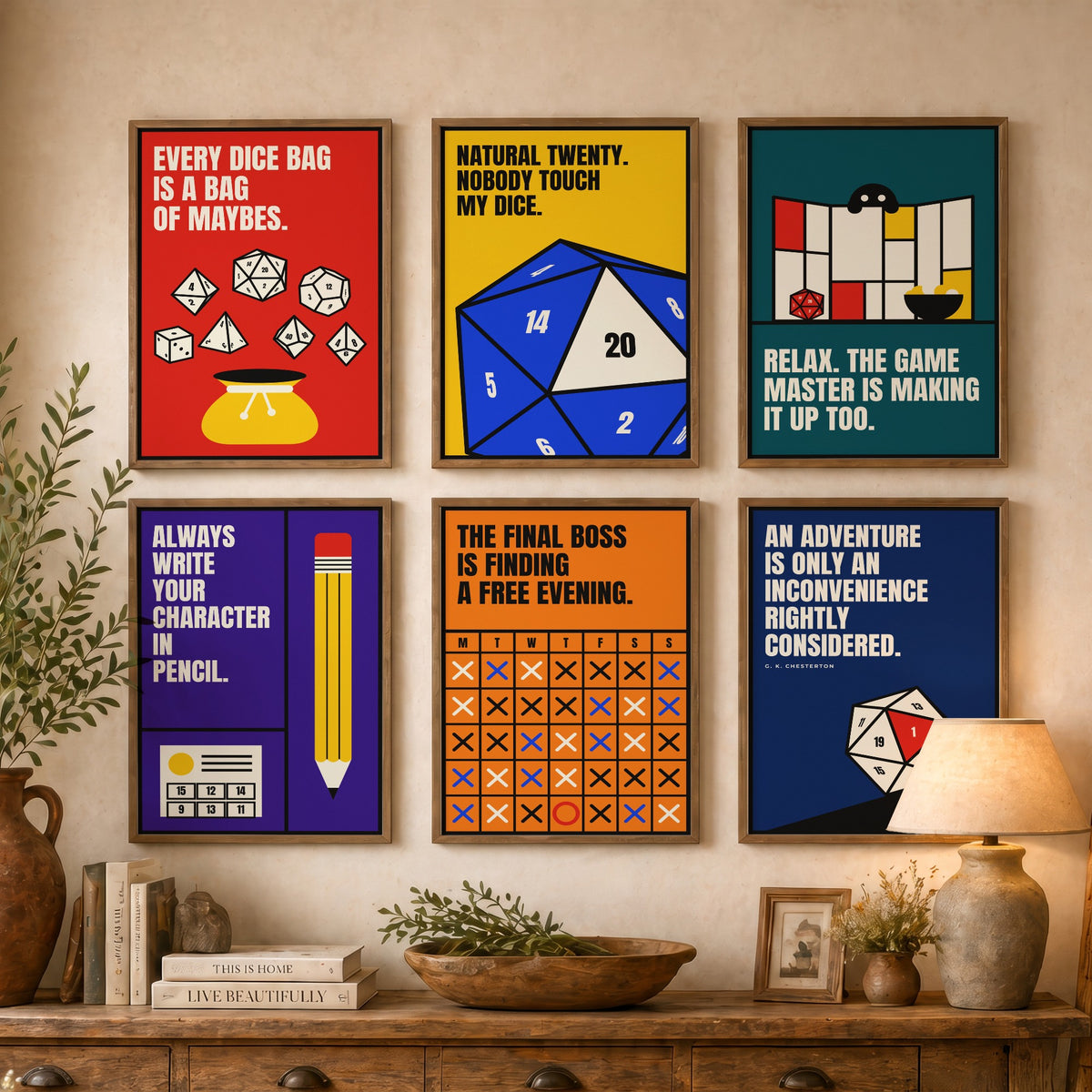 Set of Six Tabletop RPG Quote Art Prints - 6 Bauhaus Dice Roleplaying Posters - Minimalist Game Room Illustration - Polyhedral Dice, D20