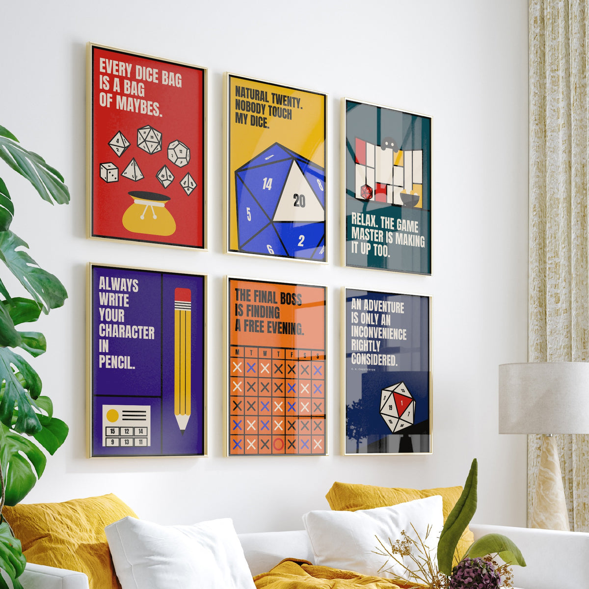 Set of Six Tabletop RPG Quote Art Prints - 6 Bauhaus Dice Roleplaying Posters - Minimalist Game Room Illustration - Polyhedral Dice, D20