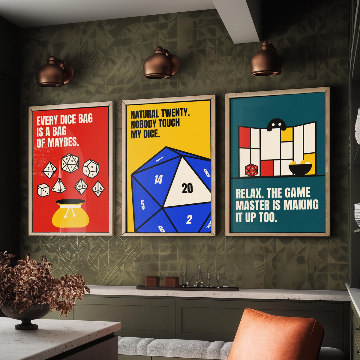 Tabletop RPG Quotes Set of Three Art Prints - 3 Bauhaus Dice Roleplaying Posters - Minimalist Game Room Wall Art Illustration V1