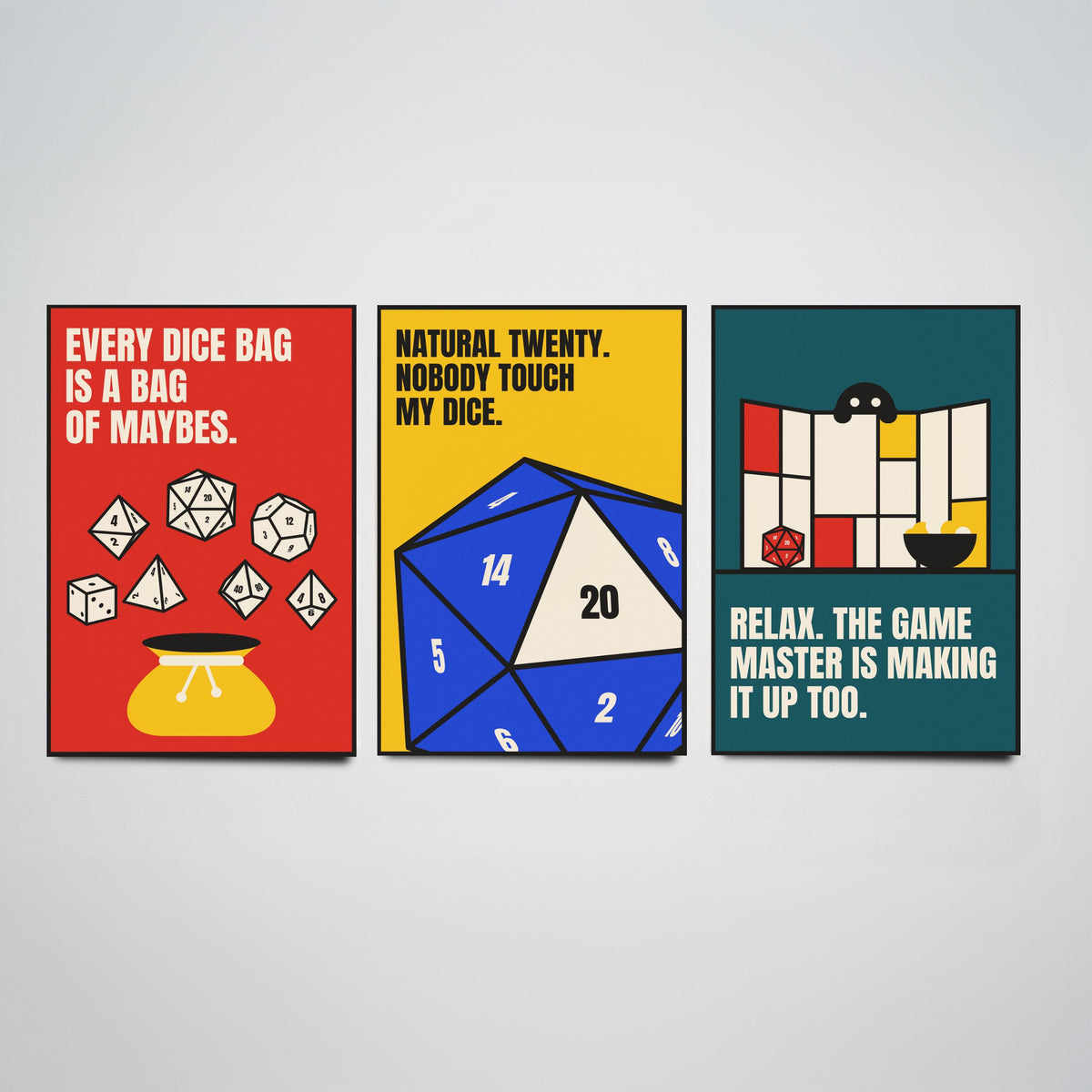 Tabletop RPG Quotes Set of Three Art Prints - 3 Bauhaus Dice Roleplaying Posters - Minimalist Game Room Wall Art Illustration V1