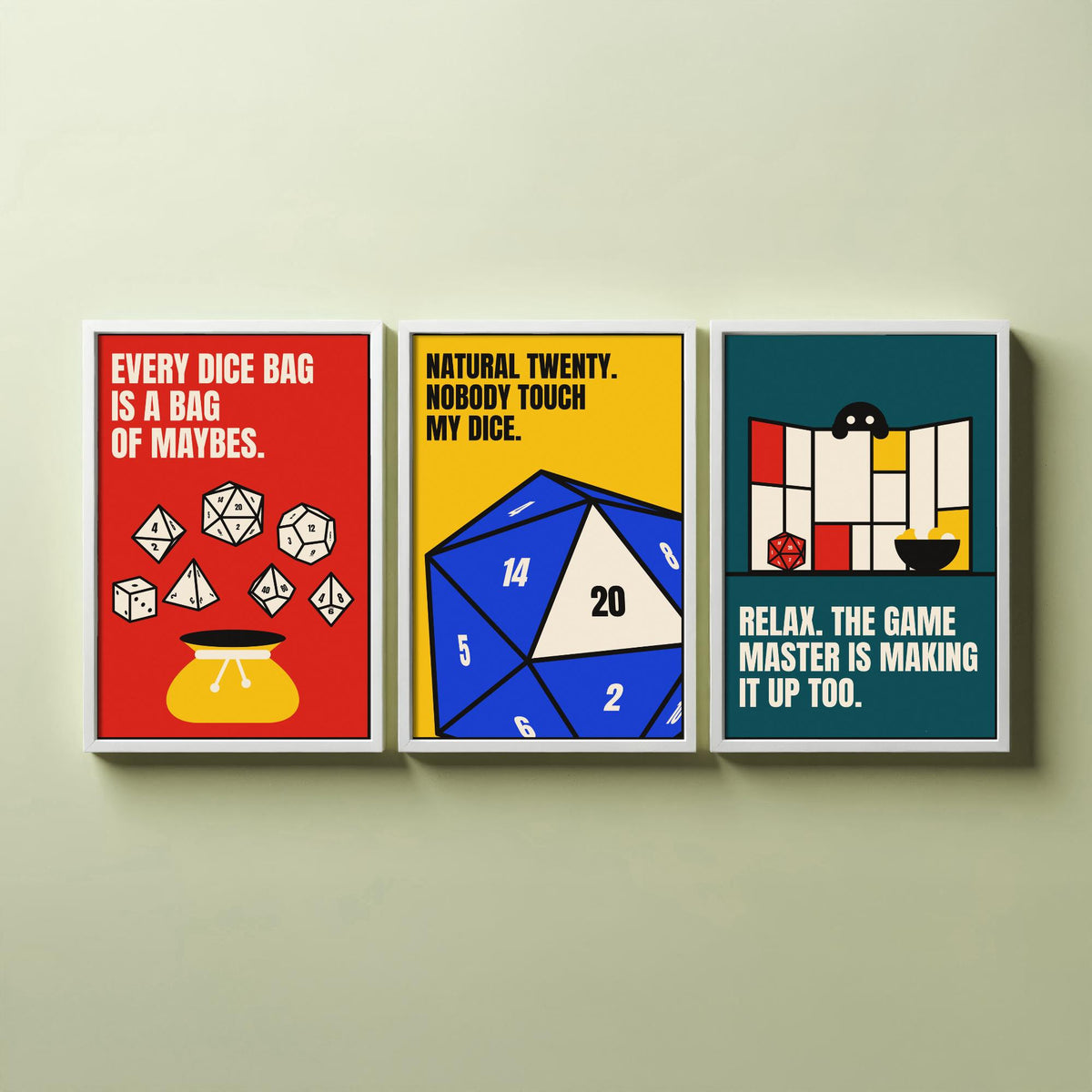 Tabletop RPG Quotes Set of Three Art Prints - 3 Bauhaus Dice Roleplaying Posters - Minimalist Game Room Wall Art Illustration V1