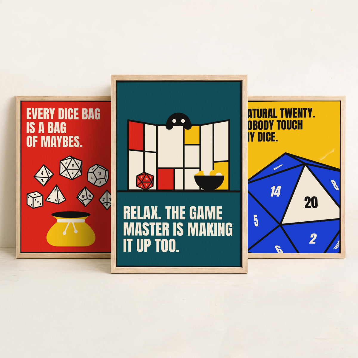 Tabletop RPG Quotes Set of Three Art Prints - 3 Bauhaus Dice Roleplaying Posters - Minimalist Game Room Wall Art Illustration V1