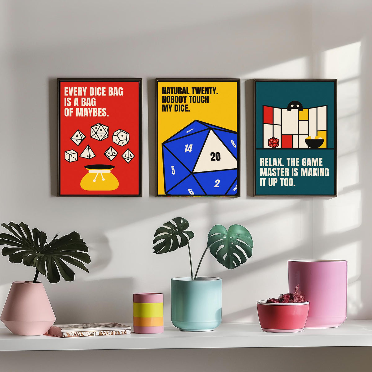 Tabletop RPG Quotes Set of Three Art Prints - 3 Bauhaus Dice Roleplaying Posters - Minimalist Game Room Wall Art Illustration V1