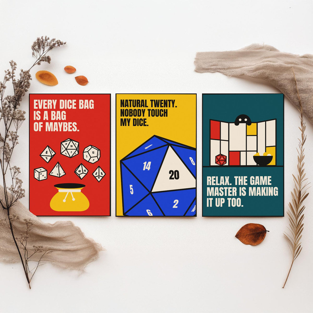 Tabletop RPG Quotes Set of Three Art Prints - 3 Bauhaus Dice Roleplaying Posters - Minimalist Game Room Wall Art Illustration V1