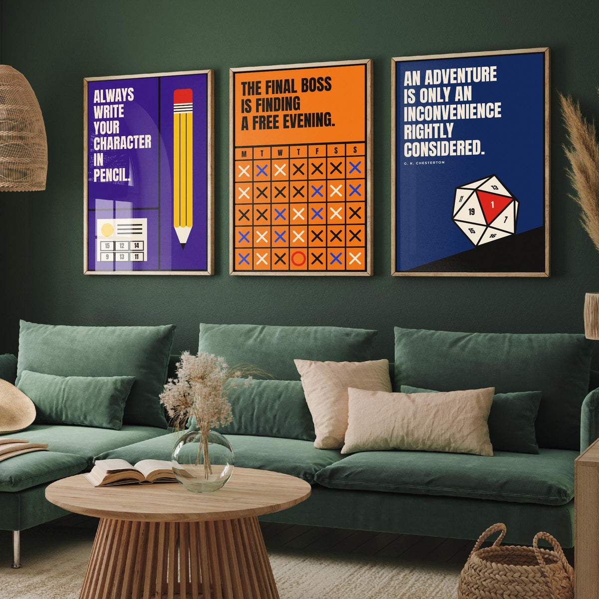 Tabletop RPG Quotes Set of Three Art Prints - 3 Retro Bauhaus Dice Roleplaying Posters - Minimalist Game Room Wall Art Illustration V2