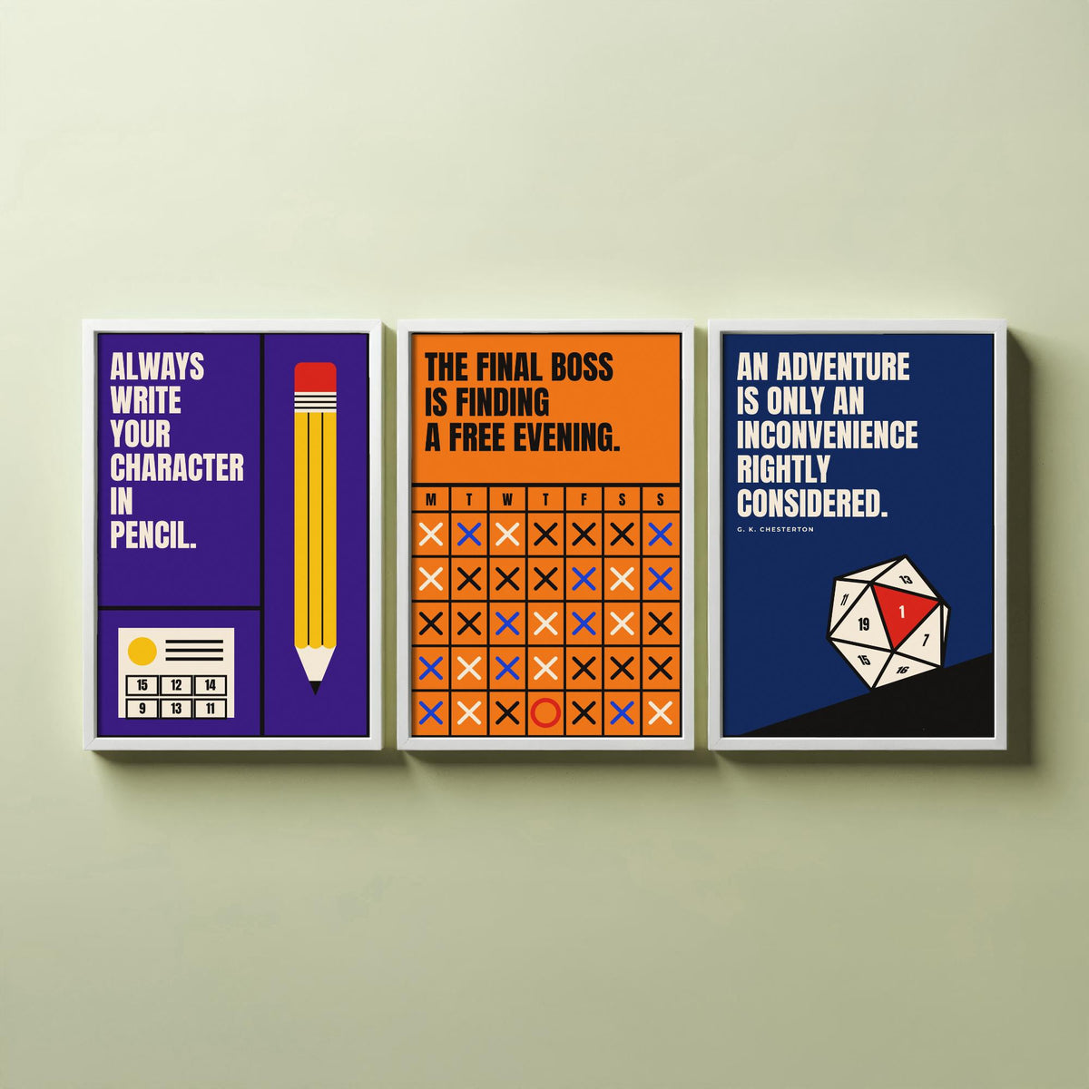 Tabletop RPG Quotes Set of Three Art Prints - 3 Retro Bauhaus Dice Roleplaying Posters - Minimalist Game Room Wall Art Illustration V2