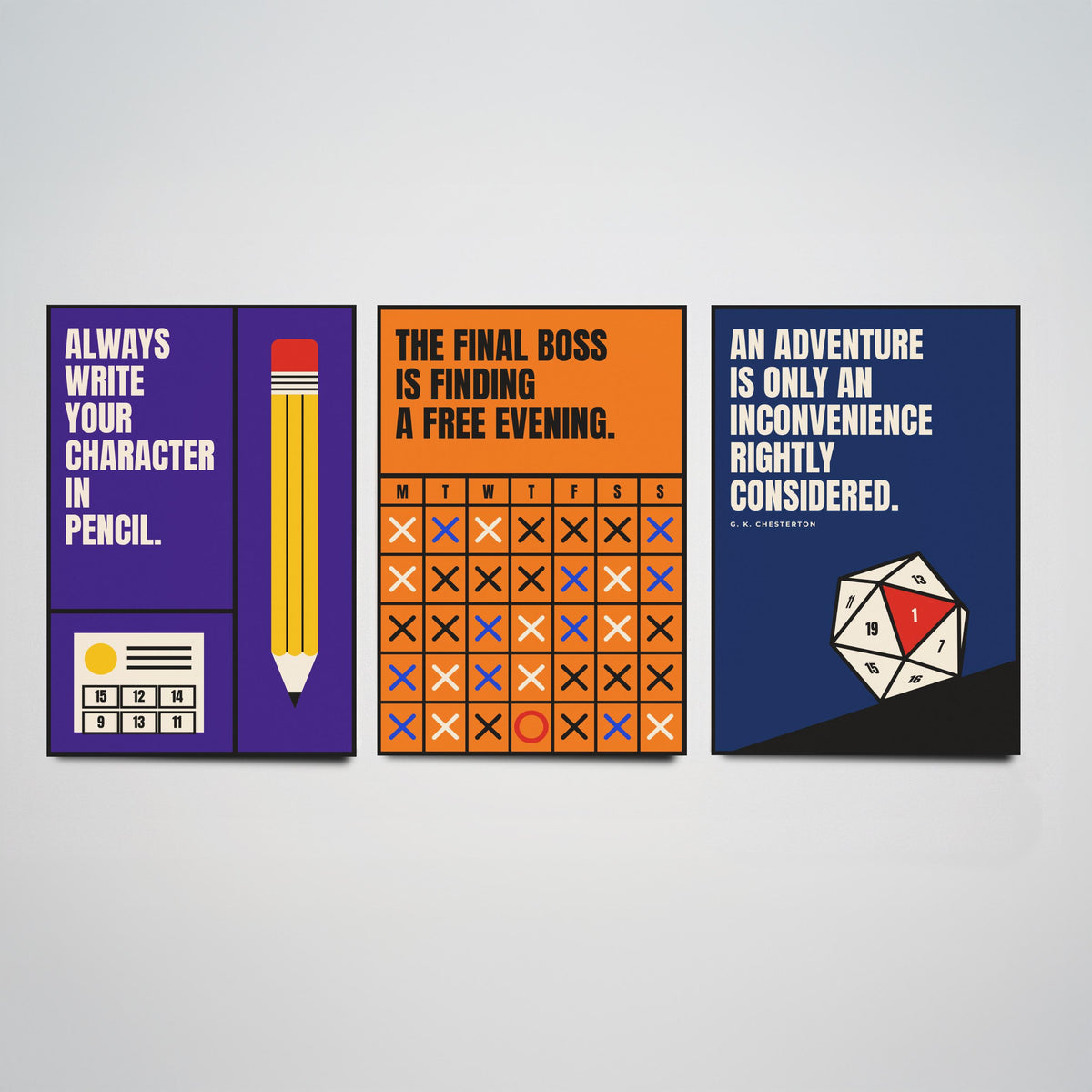 Tabletop RPG Quotes Set of Three Art Prints - 3 Retro Bauhaus Dice Roleplaying Posters - Minimalist Game Room Wall Art Illustration V2
