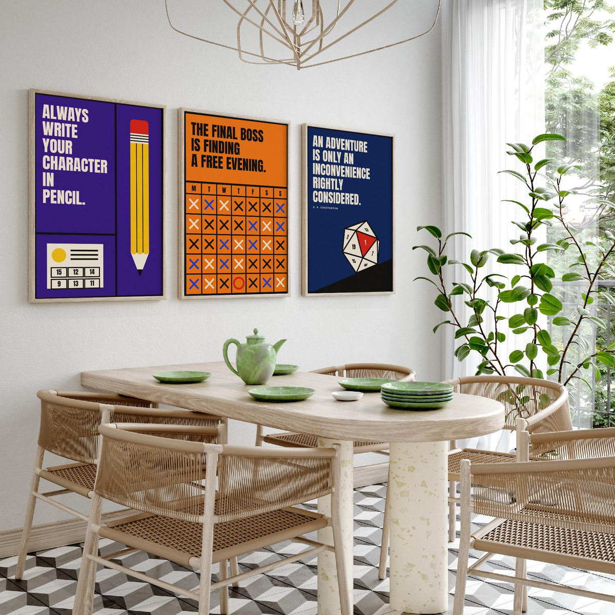 Tabletop RPG Quotes Set of Three Art Prints - 3 Retro Bauhaus Dice Roleplaying Posters - Minimalist Game Room Wall Art Illustration V2