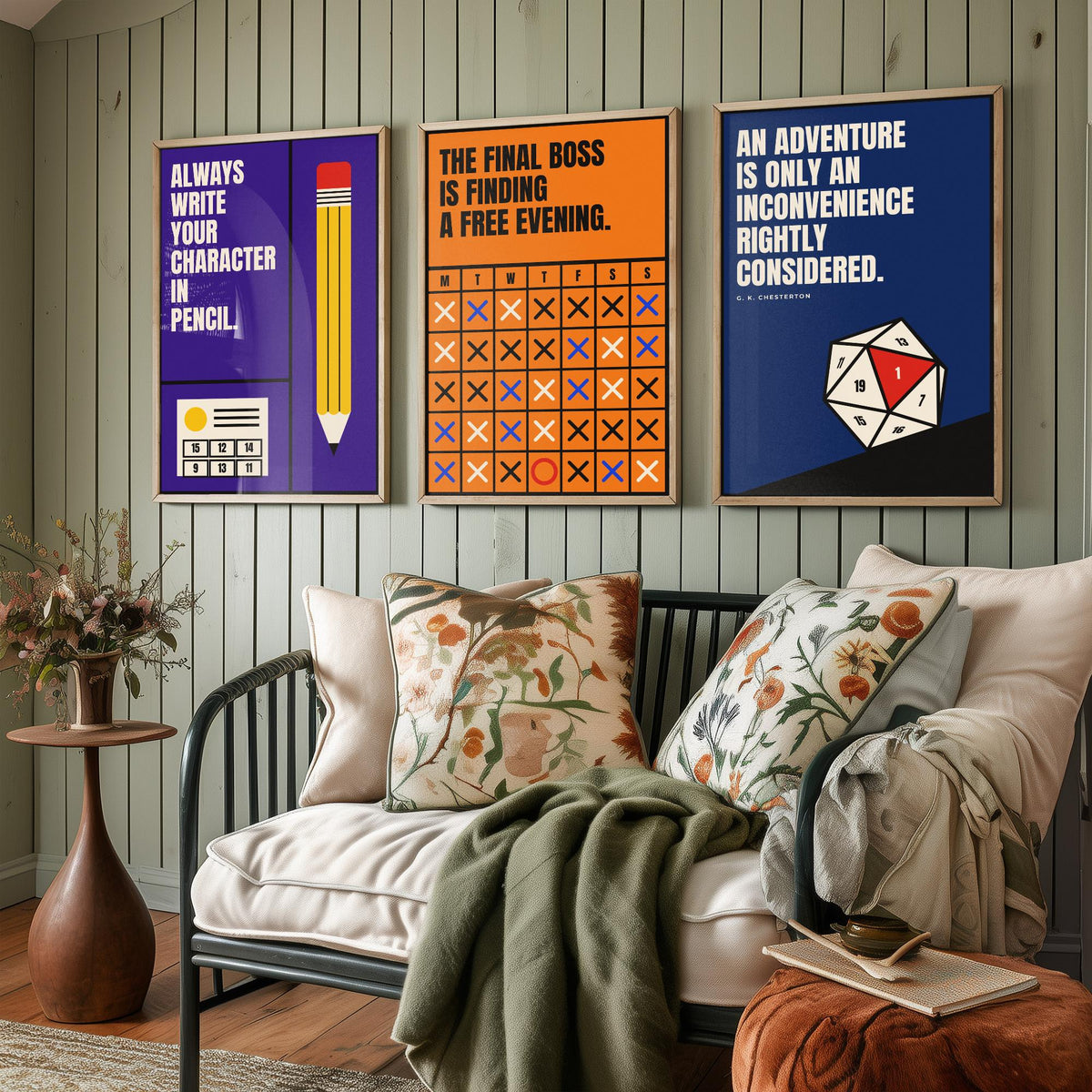 Tabletop RPG Quotes Set of Three Art Prints - 3 Retro Bauhaus Dice Roleplaying Posters - Minimalist Game Room Wall Art Illustration V2