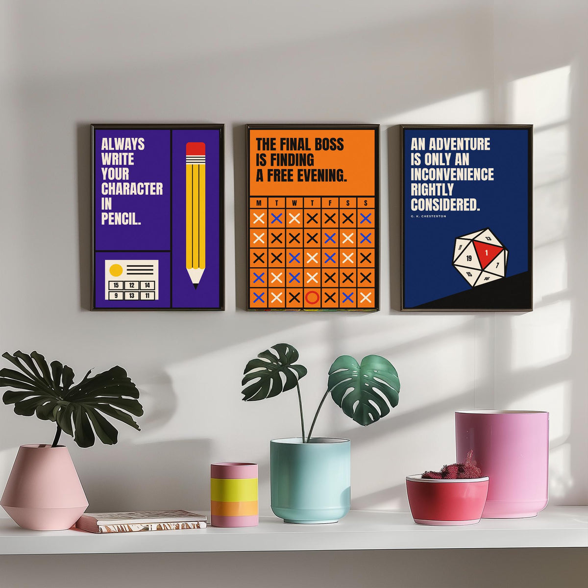 Tabletop RPG Quotes Set of Three Art Prints - 3 Retro Bauhaus Dice Roleplaying Posters - Minimalist Game Room Wall Art Illustration V2