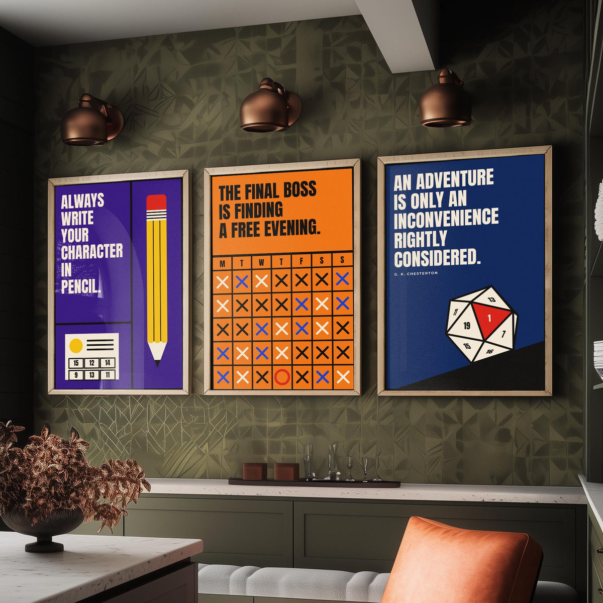 Tabletop RPG Quotes Set of Three Art Prints - 3 Retro Bauhaus Dice Roleplaying Posters - Minimalist Game Room Wall Art Illustration V2