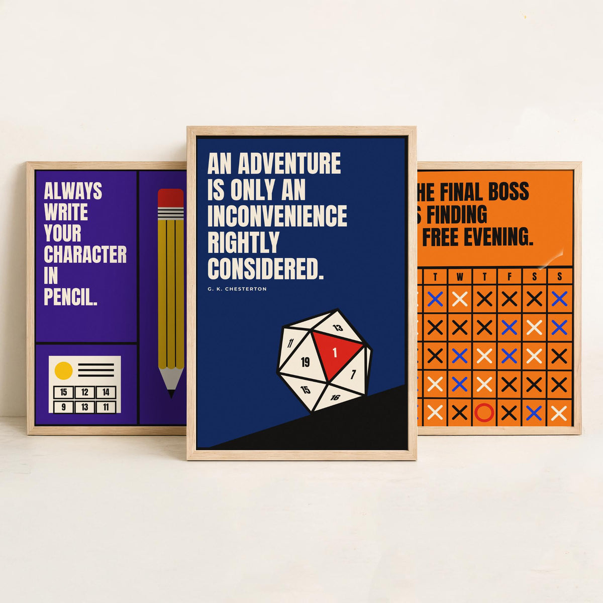 Tabletop RPG Quotes Set of Three Art Prints - 3 Retro Bauhaus Dice Roleplaying Posters - Minimalist Game Room Wall Art Illustration V2