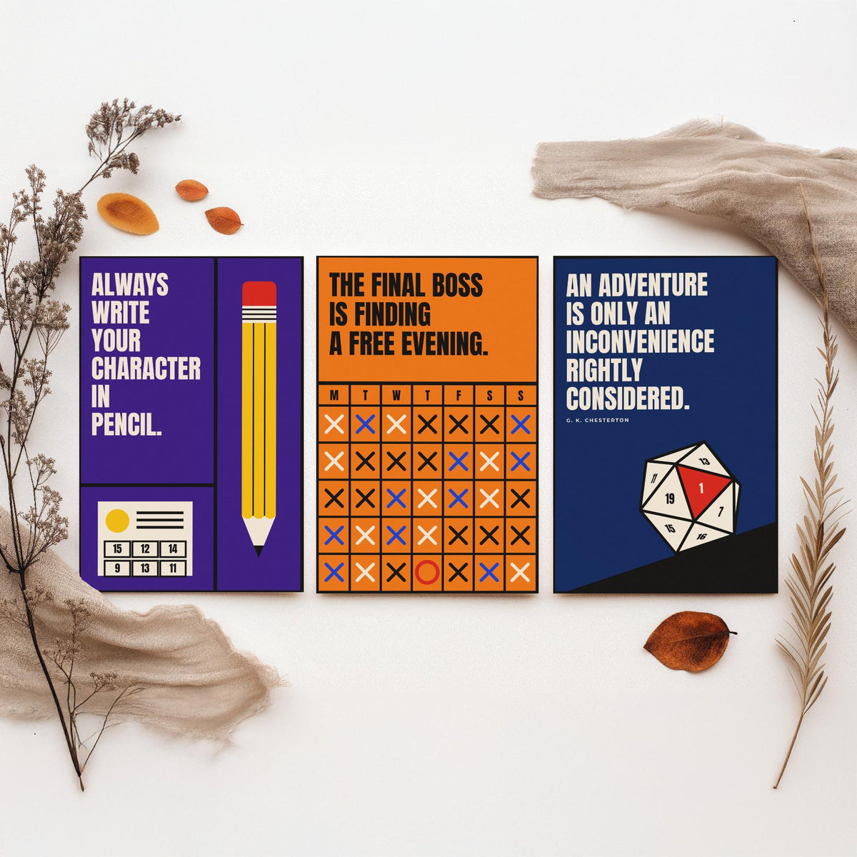 Tabletop RPG Quotes Set of Three Art Prints - 3 Retro Bauhaus Dice Roleplaying Posters - Minimalist Game Room Wall Art Illustration V2