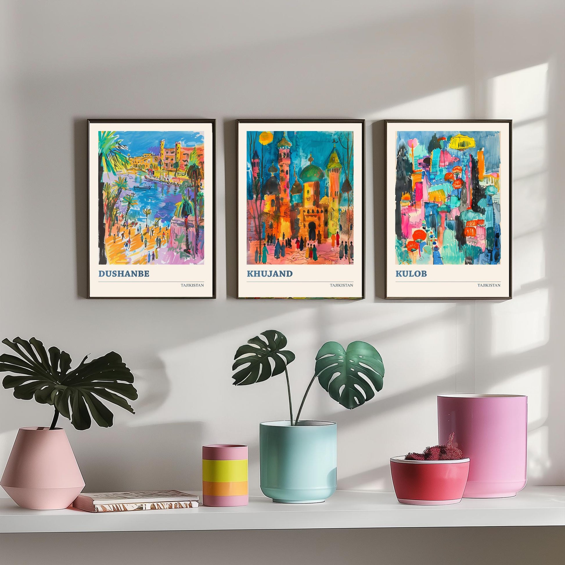 Tajikistan Set of Three Art Prints - Dushanbe, Khujand, Kulob - Colourful City Poster Watercolour Illustration Travel