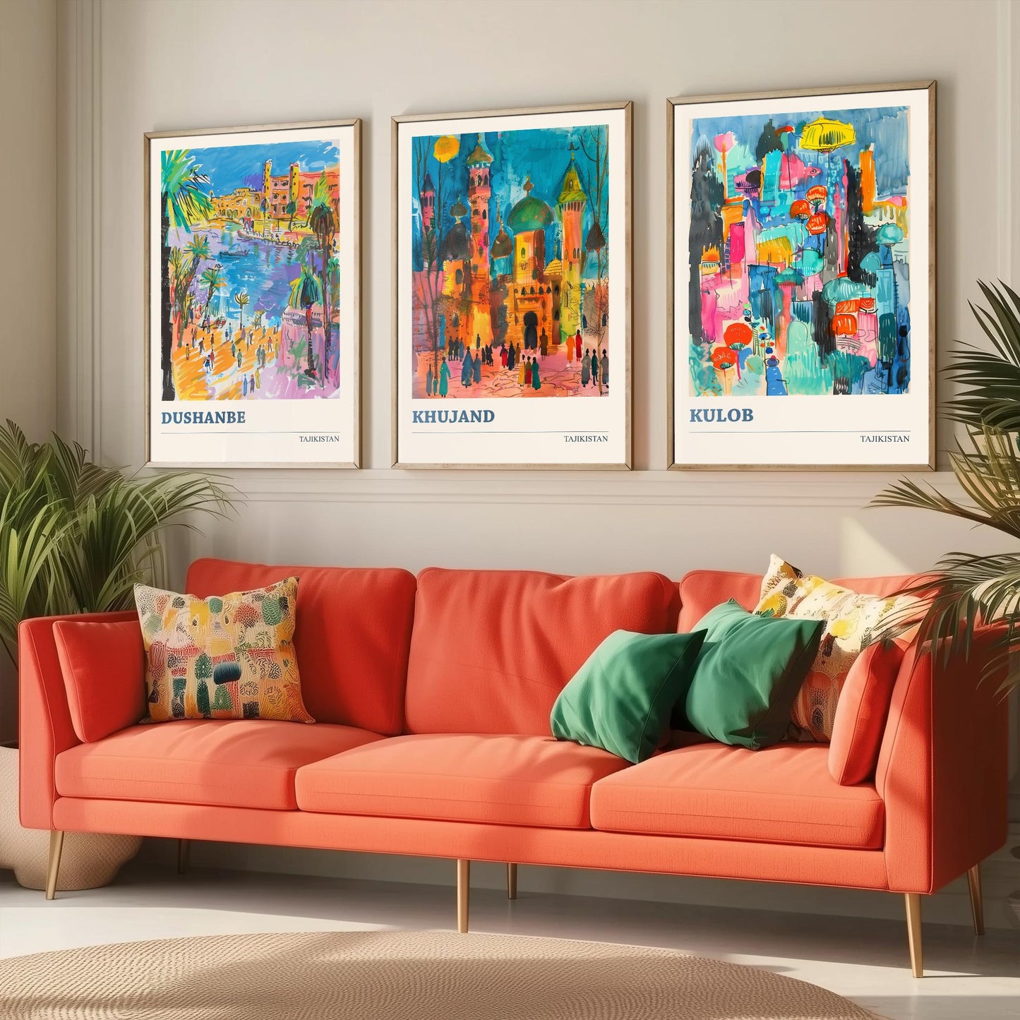 Tajikistan Set of Three Art Prints - Dushanbe, Khujand, Kulob - Colourful City Poster Watercolour Illustration Travel