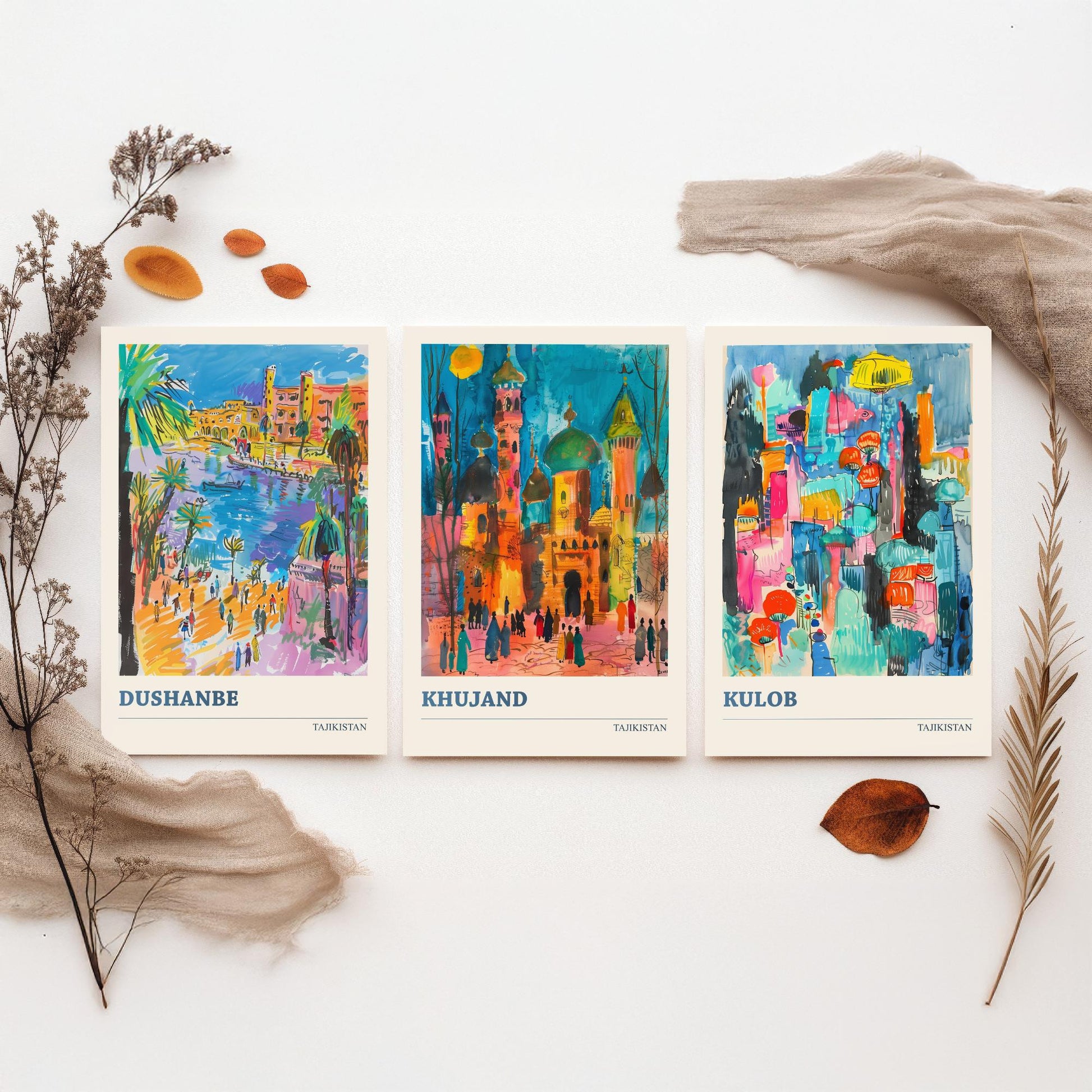 Tajikistan Set of Three Art Prints - Dushanbe, Khujand, Kulob - Colourful City Poster Watercolour Illustration Travel