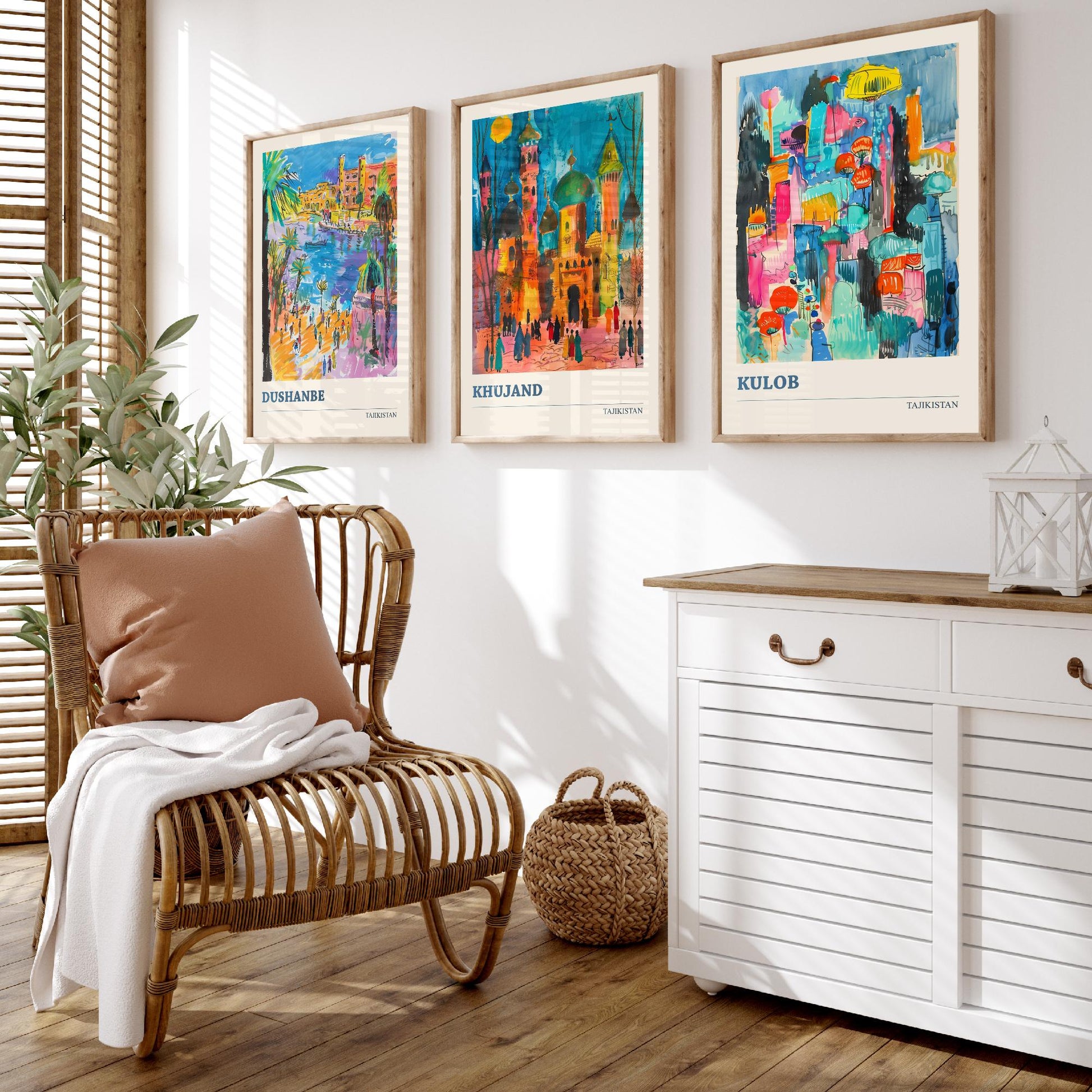 Tajikistan Set of Three Art Prints - Dushanbe, Khujand, Kulob - Colourful City Poster Watercolour Illustration Travel