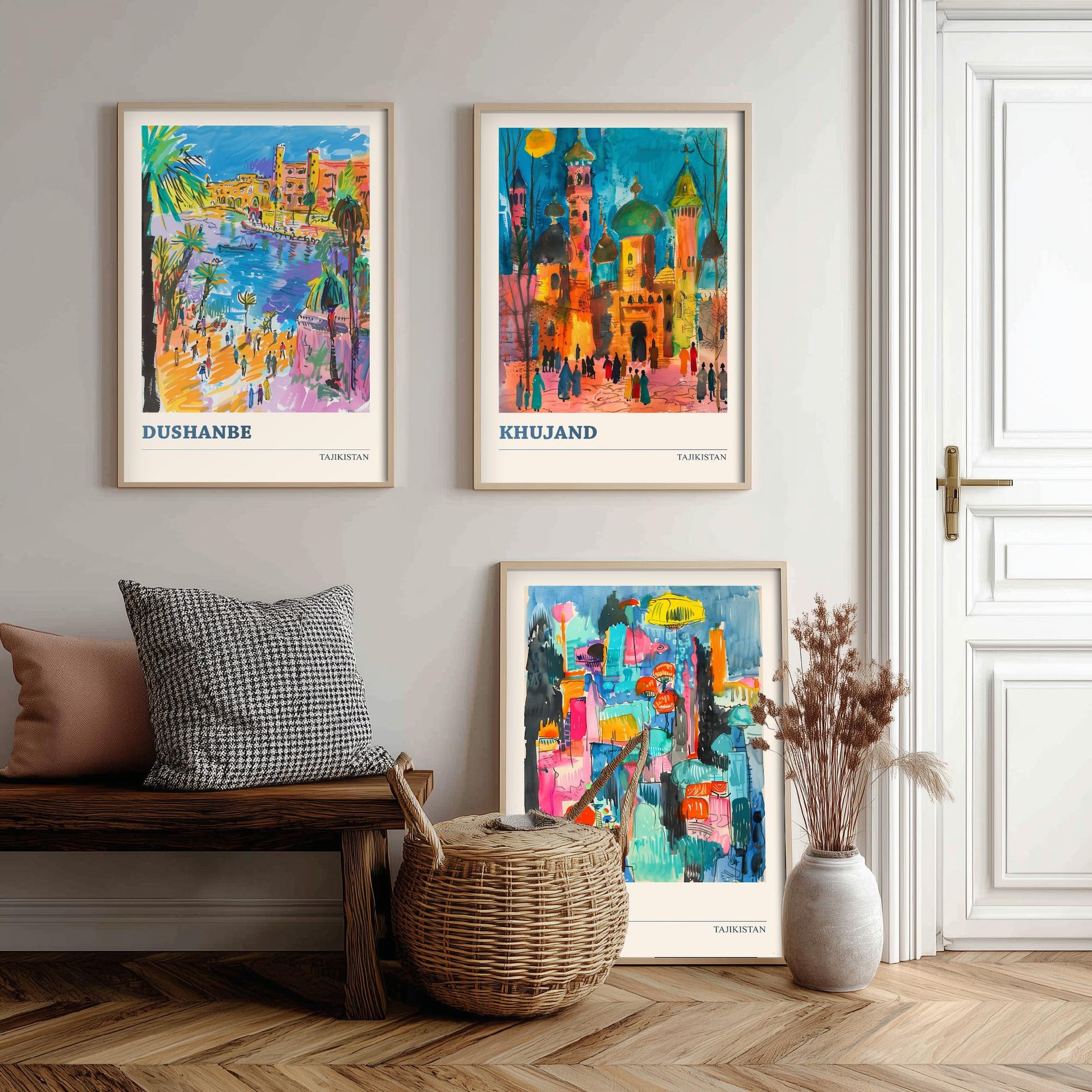 Tajikistan Set of Three Art Prints - Dushanbe, Khujand, Kulob - Colourful City Poster Watercolour Illustration Travel