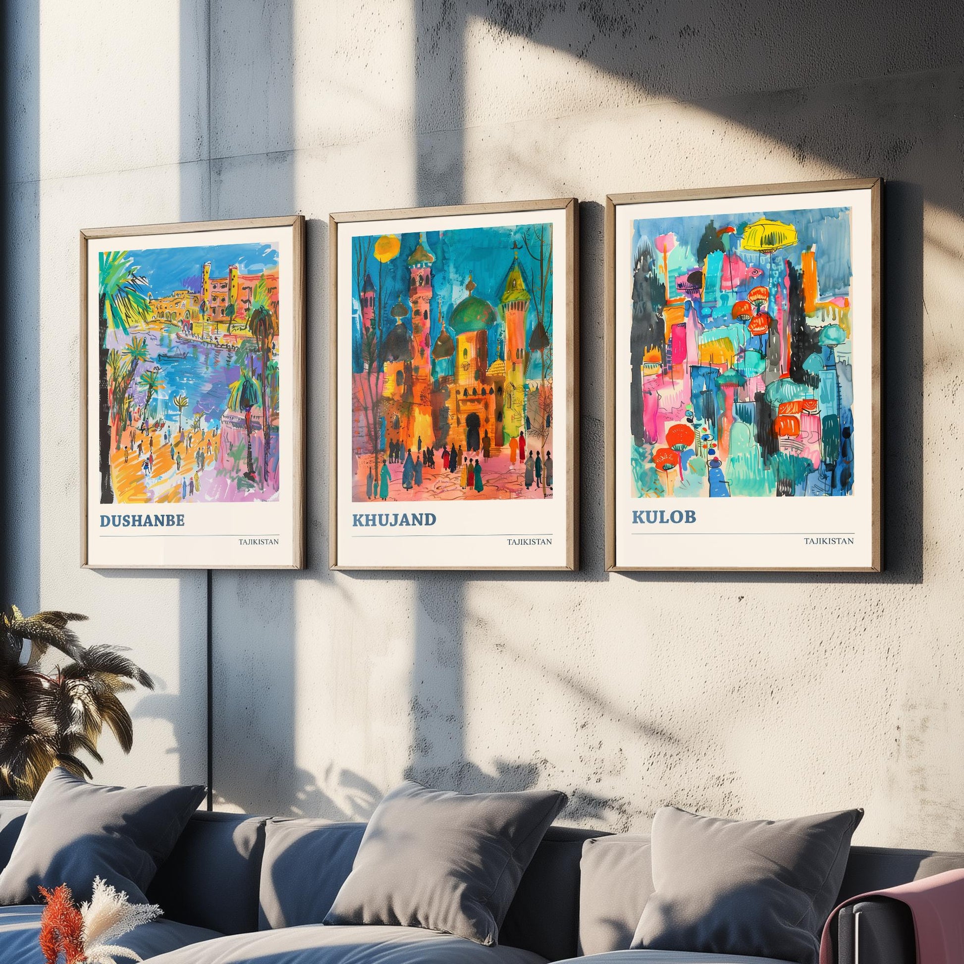 Tajikistan Set of Three Art Prints - Dushanbe, Khujand, Kulob - Colourful City Poster Watercolour Illustration Travel