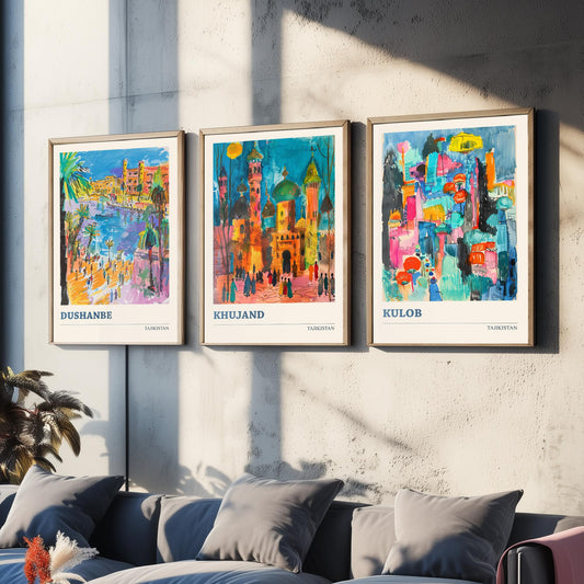 Tajikistan Set of Three Art Prints - Dushanbe, Khujand, Kulob - Colourful City Poster Watercolour Illustration Travel