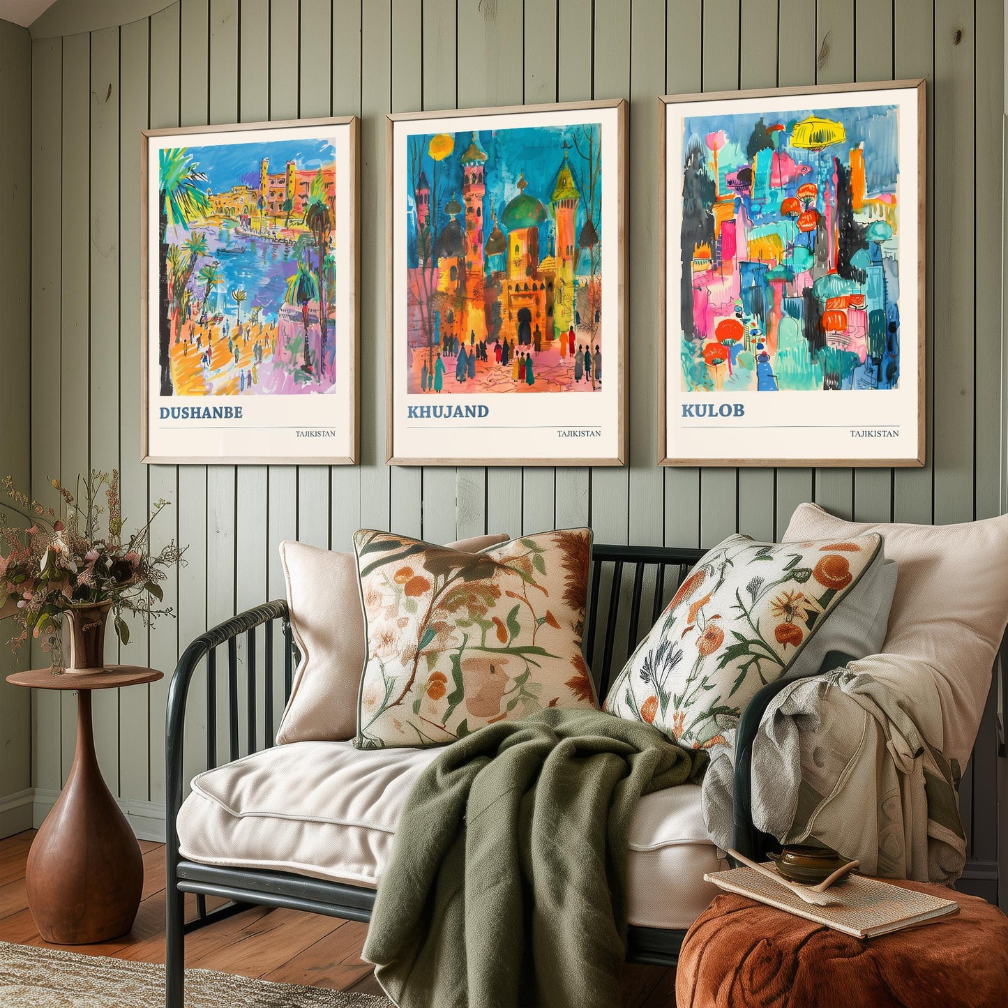 Tajikistan Set of Three Art Prints - Dushanbe, Khujand, Kulob - Colourful City Poster Watercolour Illustration Travel
