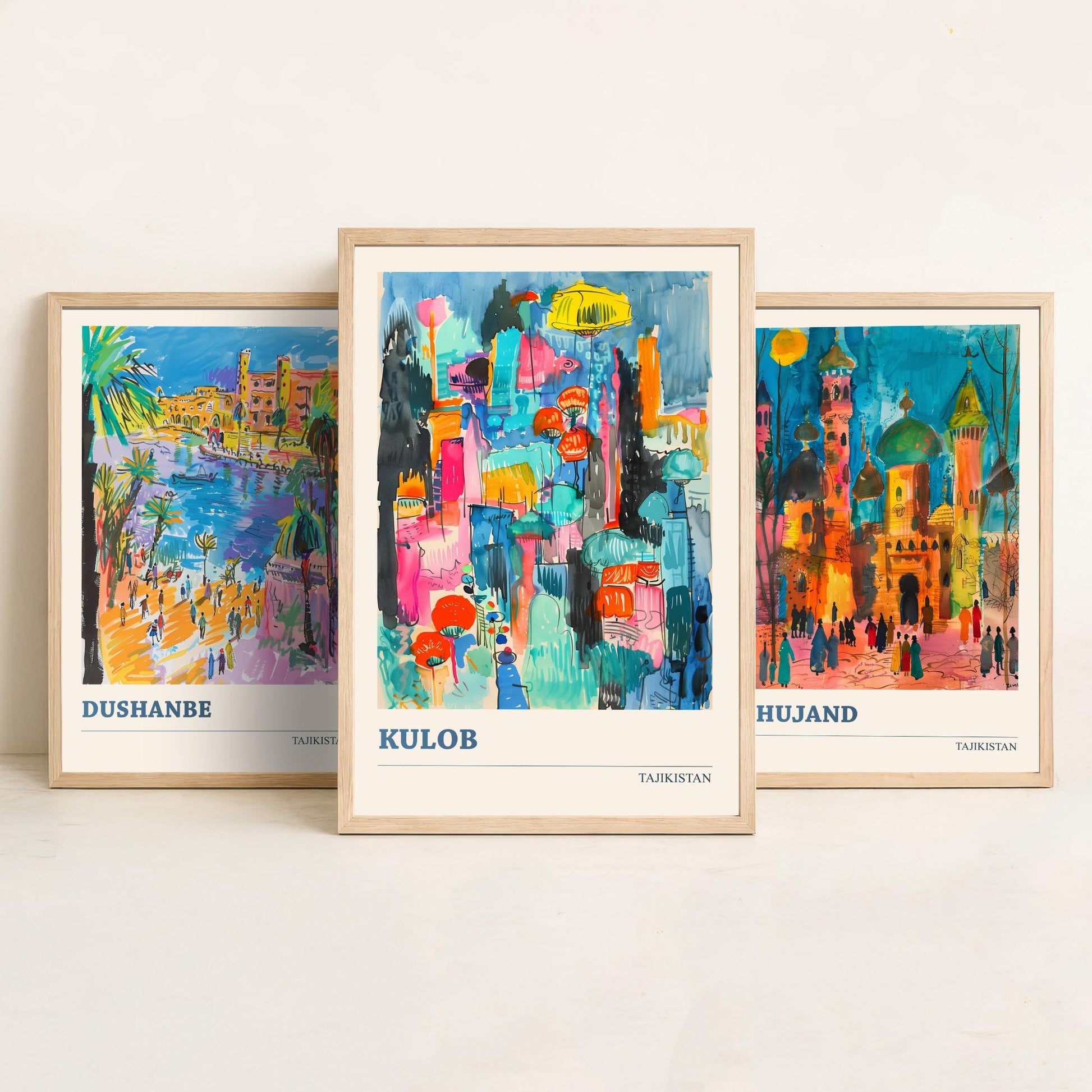 Tajikistan Set of Three Art Prints - Dushanbe, Khujand, Kulob - Colourful City Poster Watercolour Illustration Travel