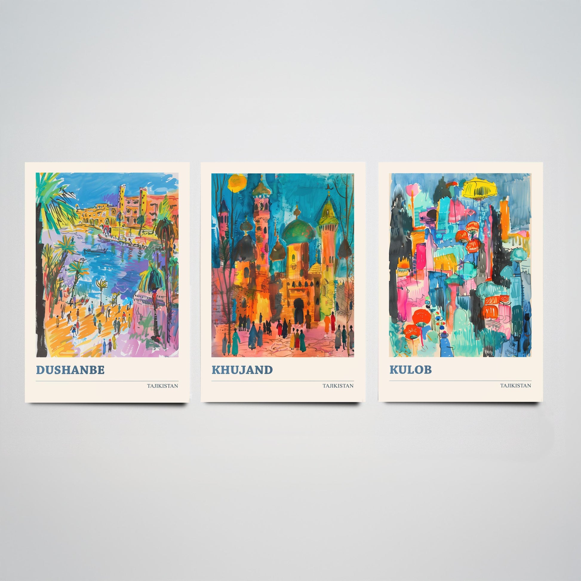 Tajikistan Set of Three Art Prints - Dushanbe, Khujand, Kulob - Colourful City Poster Watercolour Illustration Travel