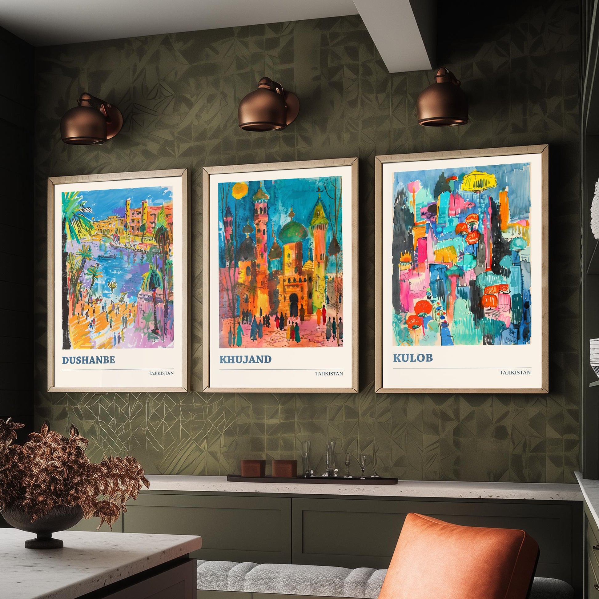 Tajikistan Set of Three Art Prints - Dushanbe, Khujand, Kulob - Colourful City Poster Watercolour Illustration Travel