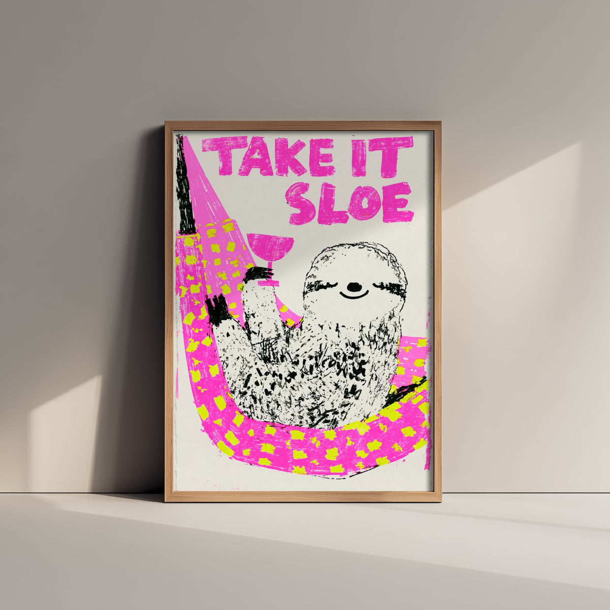 Take It Sloe Sloth Art Print - Sloe Gin Hammock Poster - Neon Pink Screenprint Style Illustration