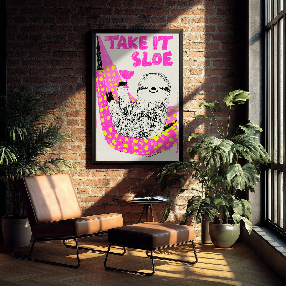Take It Sloe Sloth Art Print - Sloe Gin Hammock Poster - Neon Pink Screenprint Style Illustration