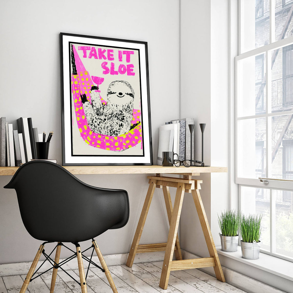 Take It Sloe Sloth Art Print - Sloe Gin Hammock Poster - Neon Pink Screenprint Style Illustration