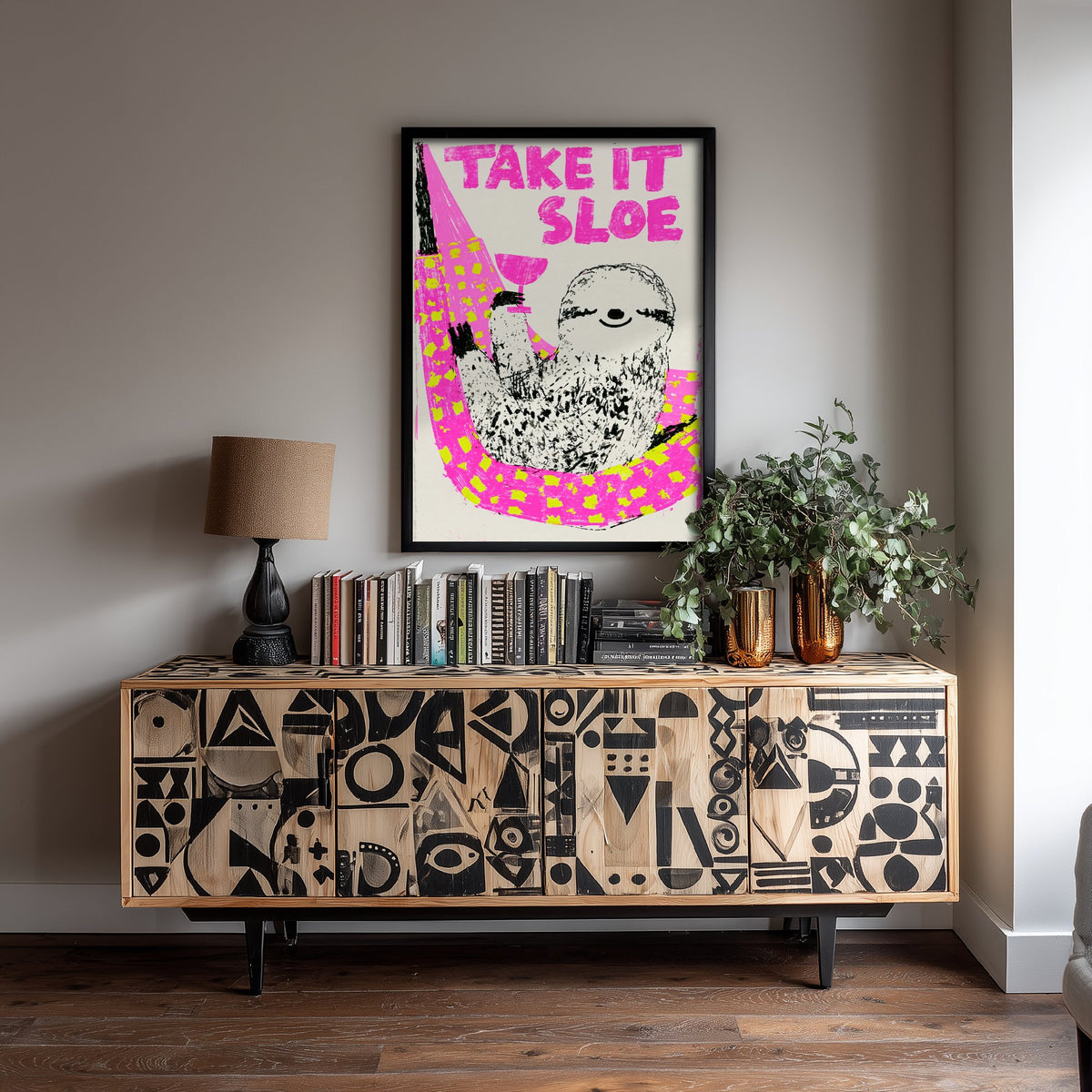 Take It Sloe Sloth Art Print - Sloe Gin Hammock Poster - Neon Pink Screenprint Style Illustration
