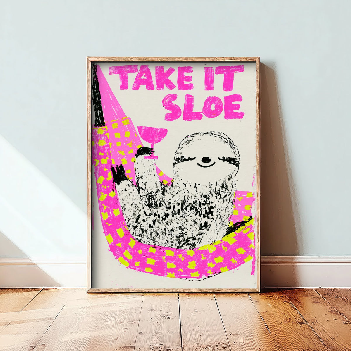 Take It Sloe Sloth Art Print - Sloe Gin Hammock Poster - Neon Pink Screenprint Style Illustration