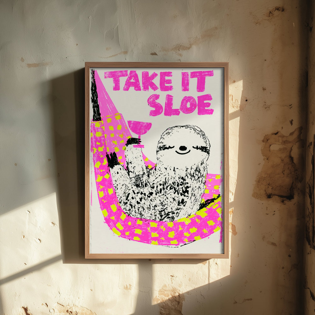 Take It Sloe Sloth Art Print - Sloe Gin Hammock Poster - Neon Pink Screenprint Style Illustration