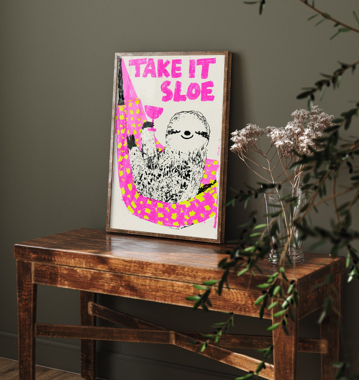 Take It Sloe Sloth Art Print - Sloe Gin Hammock Poster - Neon Pink Screenprint Style Illustration