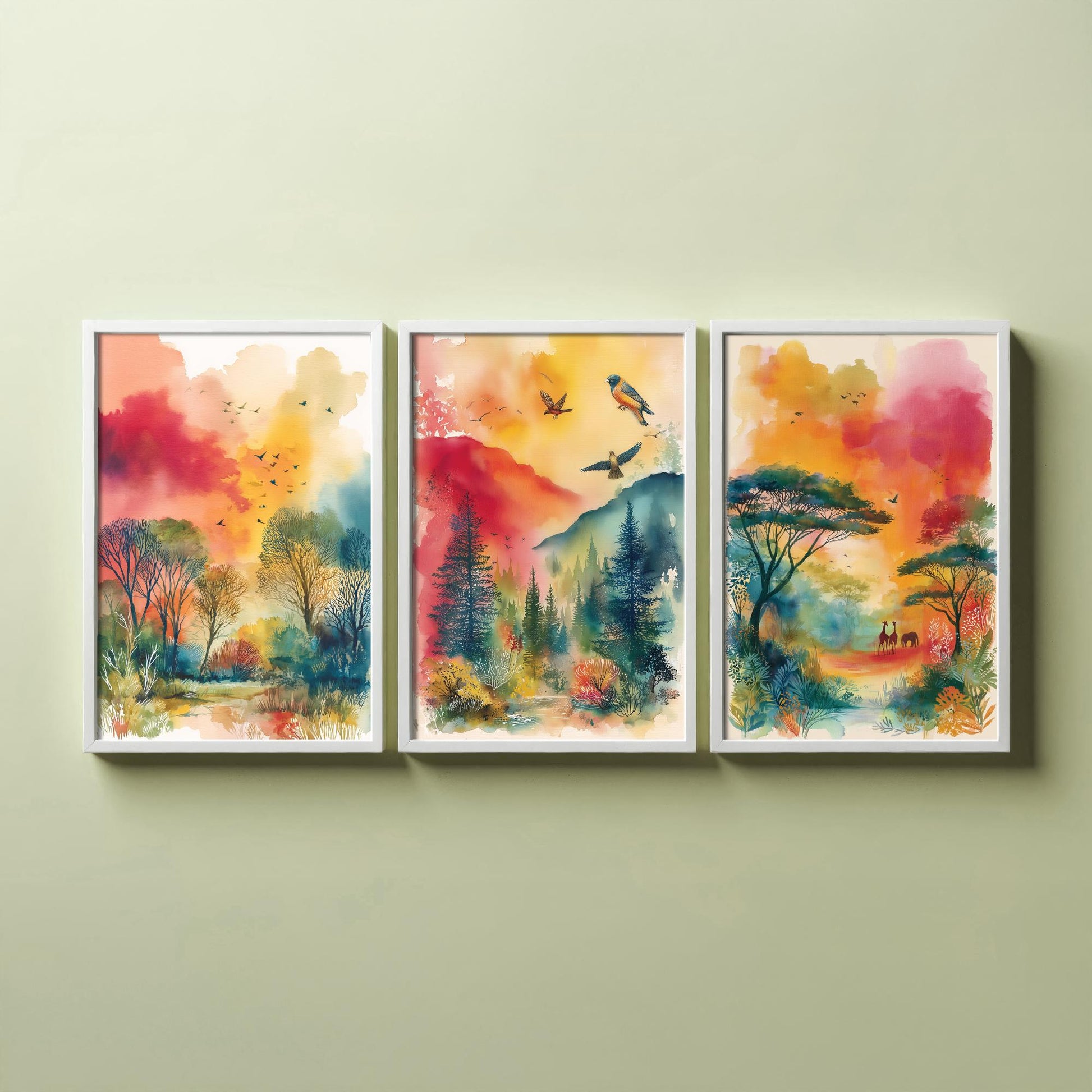 Tanzania Serengeti Set of Three Art Prints - Giraffe Acacia Tree Bird Safari Poster - Watercolour Savanna Illustration