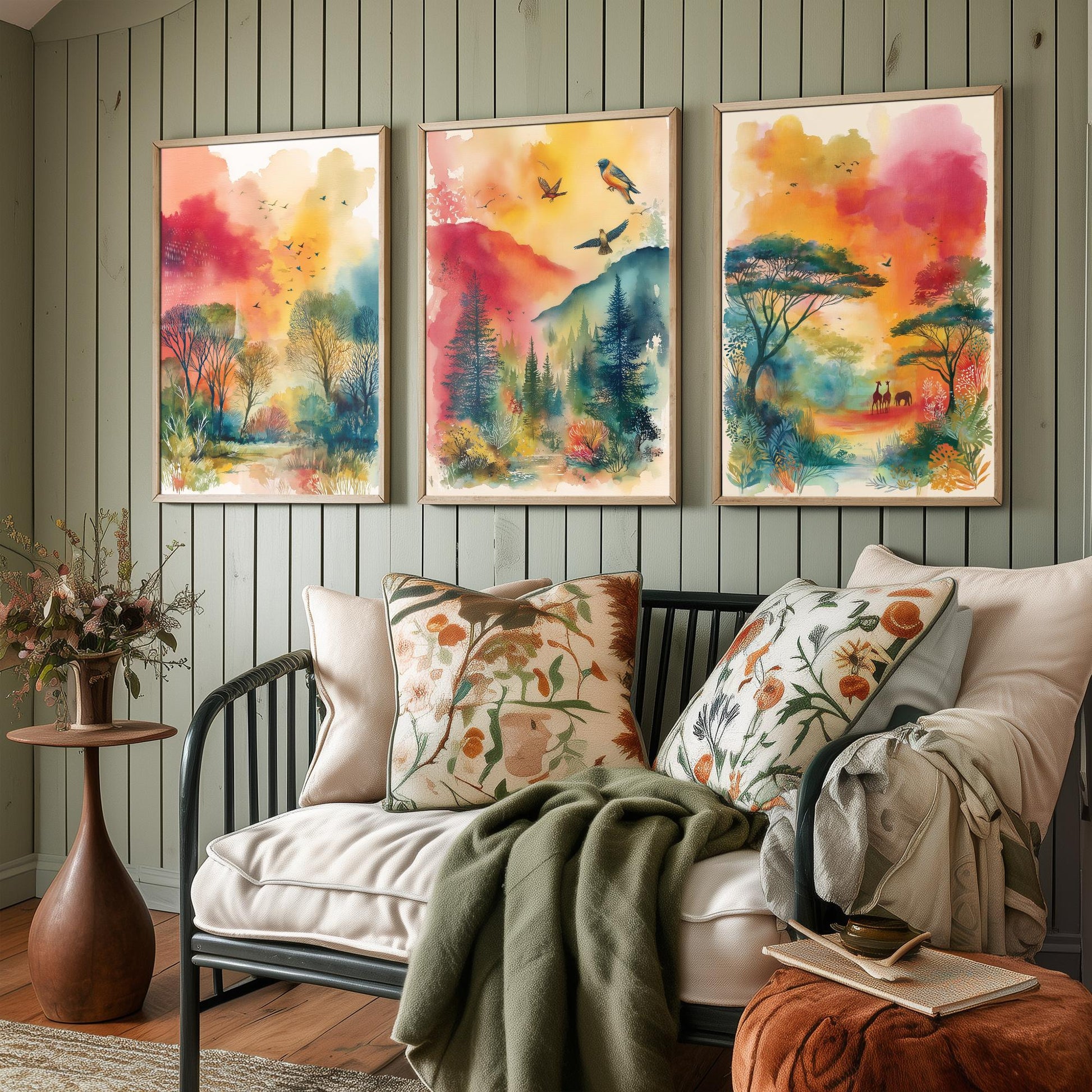 Tanzania Serengeti Set of Three Art Prints - Giraffe Acacia Tree Bird Safari Poster - Watercolour Savanna Illustration