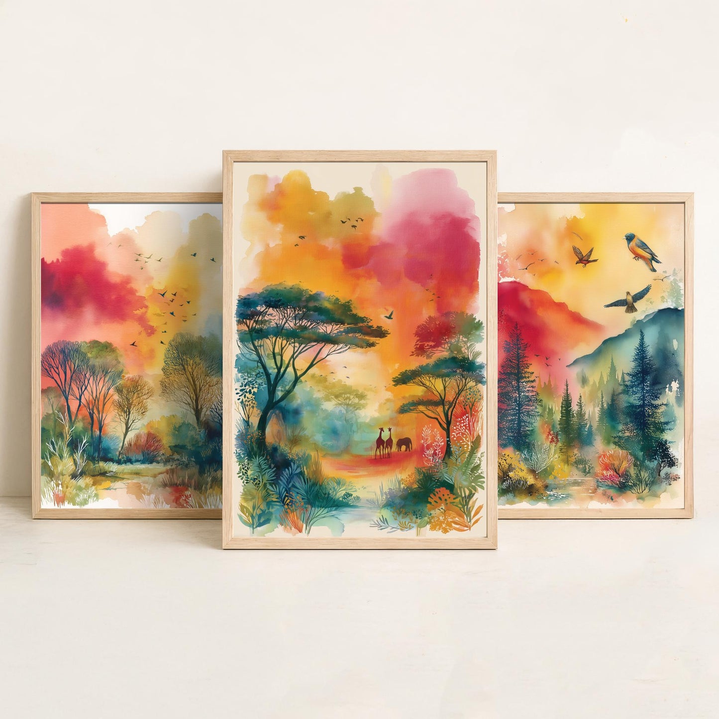 Tanzania Serengeti Set of Three Art Prints - Giraffe Acacia Tree Bird Safari Poster - Watercolour Savanna Illustration
