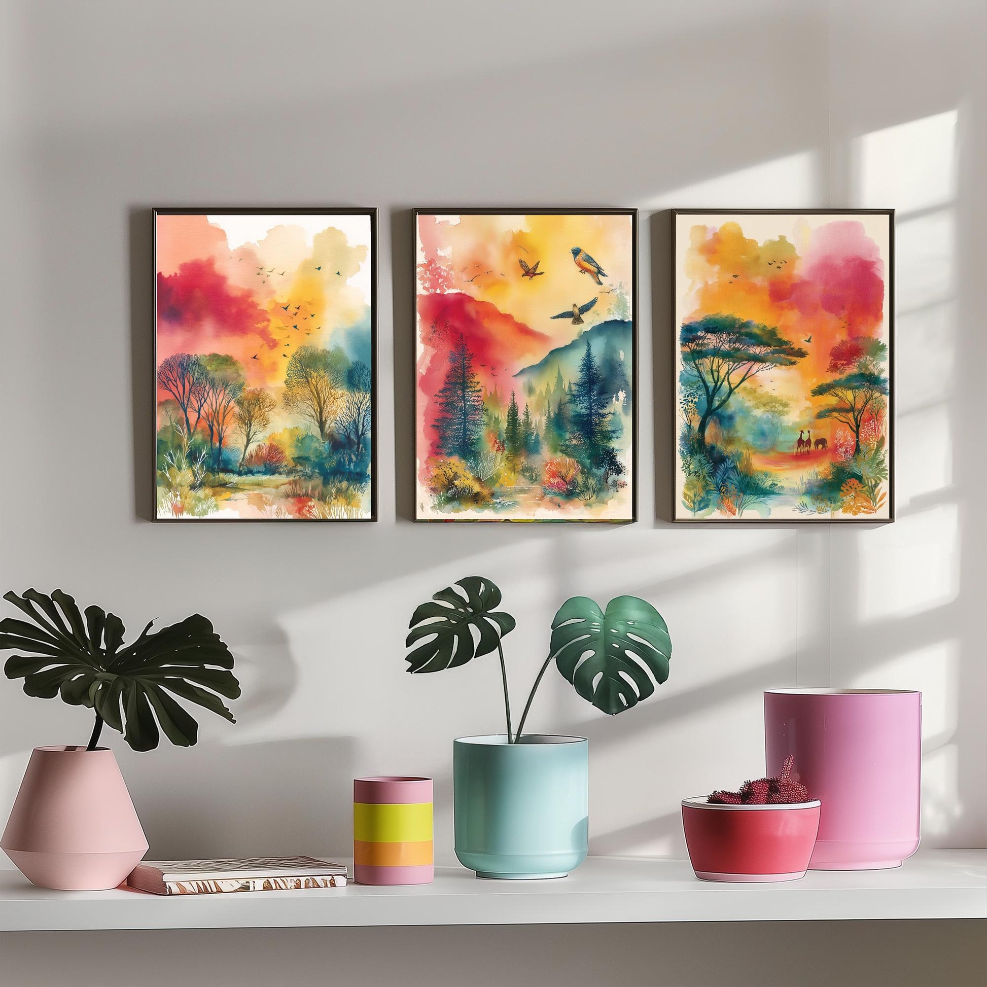 Tanzania Serengeti Set of Three Art Prints - Giraffe Acacia Tree Bird Safari Poster - Watercolour Savanna Illustration