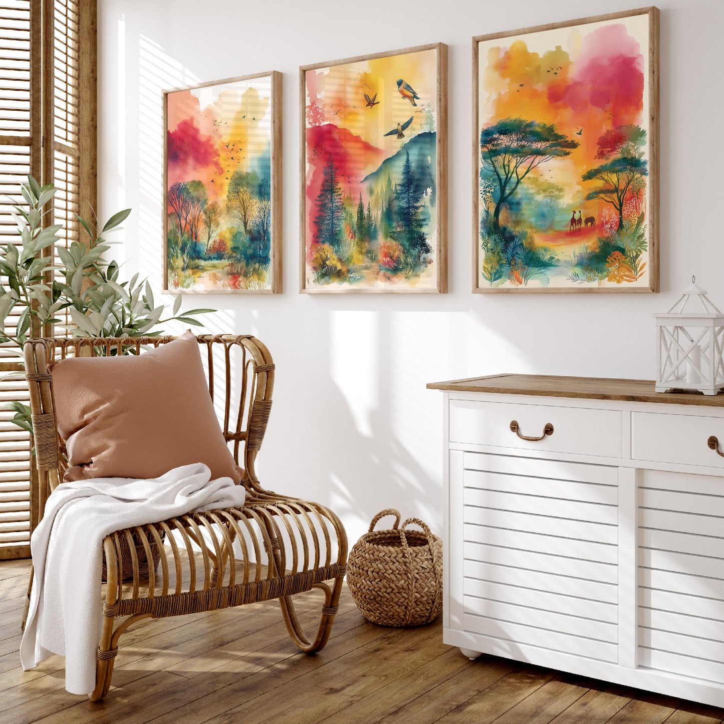 Tanzania Serengeti Set of Three Art Prints - Giraffe Acacia Tree Bird Safari Poster - Watercolour Savanna Illustration