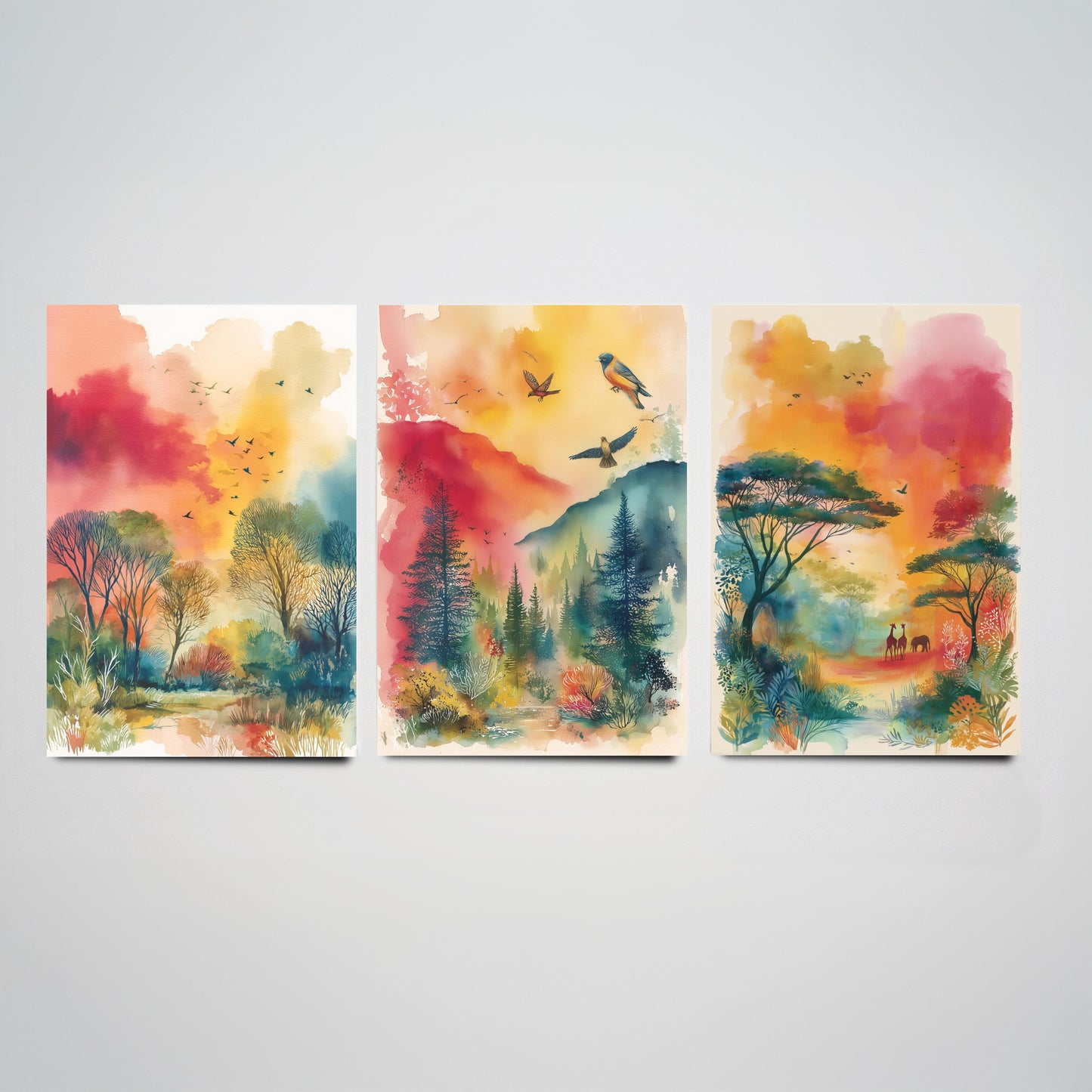 Tanzania Serengeti Set of Three Art Prints - Giraffe Acacia Tree Bird Safari Poster - Watercolour Savanna Illustration