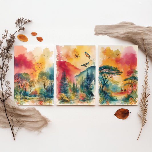 Tanzania Serengeti Set of Three Art Prints - Giraffe Acacia Tree Bird Safari Poster - Watercolour Savanna Illustration